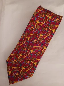 Vintage 100% Silk Brass Section Necktie Tie Red Alynn USA Band Sax Tuba Trombone - Picture 1 of 5