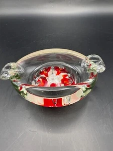 Vintage Hand Blown St Clair Art Glass Ashtray Red And White Flowers - Picture 1 of 7