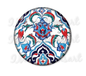 Iznik Pattern Turkish Pattern Hand Press Pocket Mirror, Magnet, Pin 2.25" Round - Picture 1 of 4