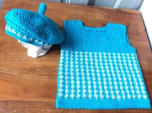DEBARDEUR et BERET CROCHET MAIN FRANCAIS PIED DE POULE SUR COMMANDE - Picture 1 of 6