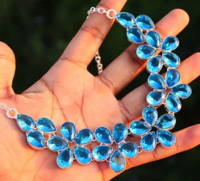 Topacio Azul Flor Piedra Hecho a Mano Plata de Ley Racimo y Collar Ajustable Foto 1 de 3