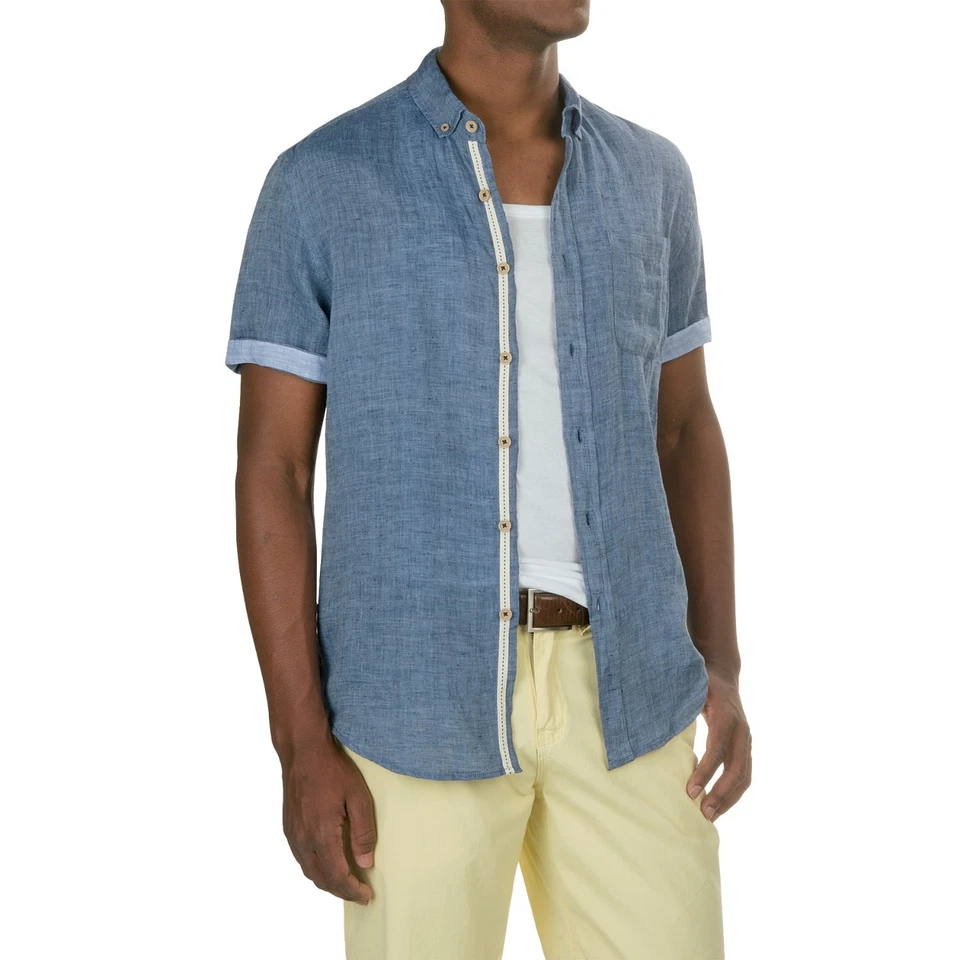 Report Collection Yarn-Dyed Linen Button Shirt Short Sleeve Men's Large L - Image 1 of 1