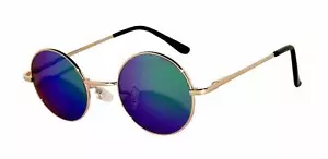 Occhiali da sole retrò rotondi vintage blu verde lenti a specchio montatura metallo oro - Foto 1 di 6