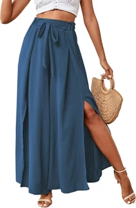 Women'S Tie Front High Waist Side Split Slit Flowy Wide Leg Pleated Pant with Be - Picture 1 of 6