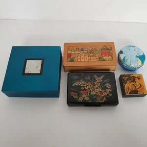 Set of Five Trinket Boxes Various Shapes and Materials Beautifully Decorated - Picture 1 of 7