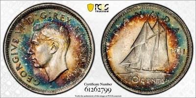 1941 Canada 10 Cents PCGS MS64 Lot#G1207 Silver! Choice UNC! Beautiful Toning! - Image 1 of 4