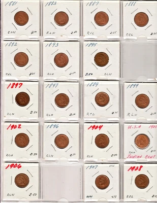 18 INDIAN CENTS COLLECTION ~ RANGE FROM G TO F ~ DIPPED OR CLEANED - Image 1 of 4