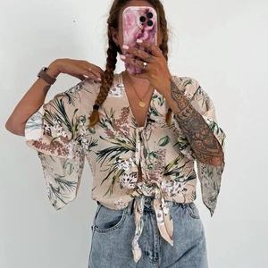 Ladies River Island Pink Print Wide Slit Sleeve Tie Front Kimono Top Size 12 - Picture 1 of 6