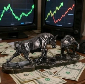 Wall Street Art - Escultura de resina con acabado de bronce Super Bull and Bear Market - Imagen 1 de 7
