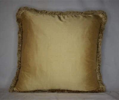 bronze gold silk decorative square throw pillows with fringe for sofa or couch  - Image 1 of 4