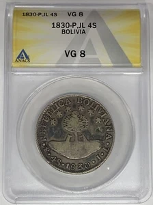 1830-P, JL Bolivia moneta da 4 suole ANACS VG 8 W6 - Foto 1 di 2