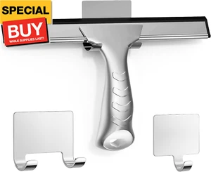 All-Purpose Stainless Steel Shower Squeegee for Glass Doors with 2 Adhesive Hook - Picture 1 of 9