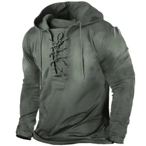 Retro Mens Lace Up Hoodie Sweatshirt Casual Outdoor Tactical Long Sleeves Tops - Picture 1 of 17
