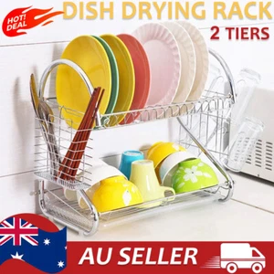 2 tier Dish Drying Rack Drainer Cup Plate Holder Cutlery Tray Kitchen Organizer - Picture 1 of 14