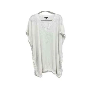 Saks Fifth Avenue Small White Gauzy Cotton Coverup Poncho Fringe Embroidery - Picture 1 of 8