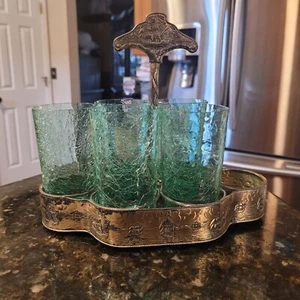 ANTIQUE PALE GREEN LOT OF 5 ENGLISH CRACKLE GLASSES NAUTICAL THEME CARRIER CADDY - Picture 1 of 24