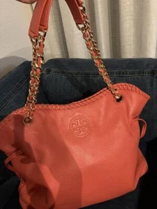 TORY BURCH Marion Leather Chain Tote Bag Red Logo Plain Women good condition - Picture 1 of 7
