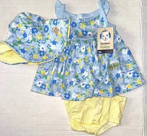 GERBER Organics 3 piece dress set blue/yellow/stripe floral motif size 0-3 month - Picture 1 of 1