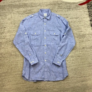 Brooks Brothers Linen Epaulet Button Up Shirt Small Blue Outdoor Hike Trail Mens - Picture 1 of 10
