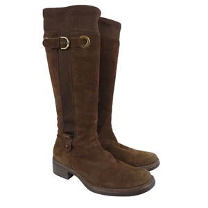 AQUATALIA Riding Boots Size 8 Brown Suede Knee High Tall Block Heel Buckle - Picture 1 of 11