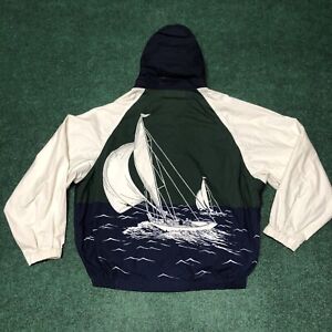 Vintage Nautica AOP Graphic Windbreaker Sailing Jacket Mens L Navy Hidden Hood
