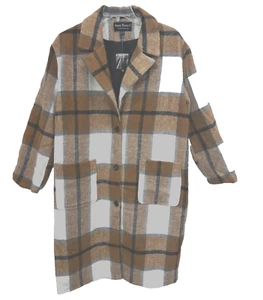 Jason Maxwell Womens Long Plaid Faux Wool Coat, Taupe, XL - Picture 1 of 4