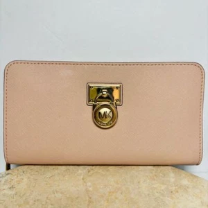 Michael Kors Pink Cream Leather Lock Detail Long Wallet - Picture 1 of 15