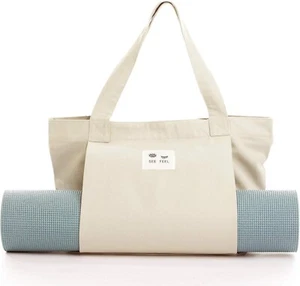 Canvas Tote Bag with Yoga Mat Carrier Sleeve and Inside Pocket, Beige - Picture 1 of 3