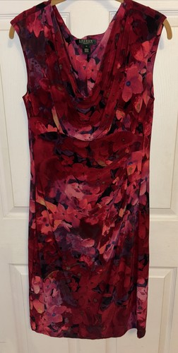 VALENTINO Abito tubino Ralph Lauren LRL taglia 12 floreale opera rosso increspato collo cappuccio elasticizzato