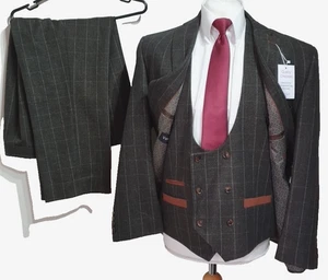 Ventura 3 piece suit SLIM FIT Ch46"R W40" L28" Olive green check wool blend - Picture 1 of 17