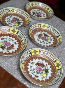Lotto 5 ciotole per condimento cinesi Mun Shou Famille Rose Jingdezhen giallo 4" x 1" - Foto 1 di 11