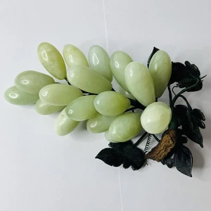 Green Jade Grape Cluster on Wood Vine Stone Carved Leaves 1960's 8" - Picture 1 of 2