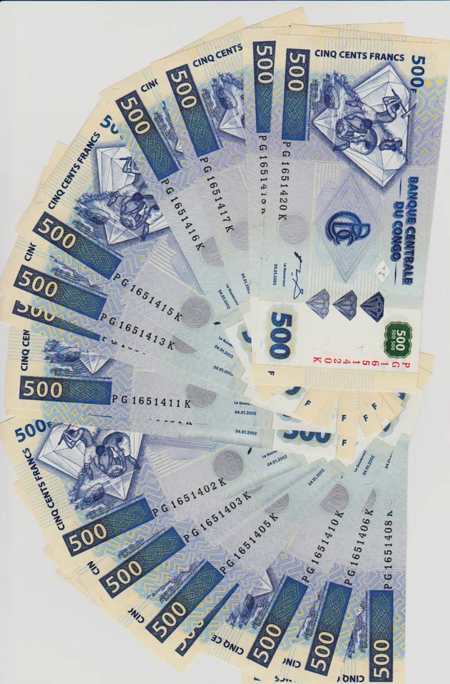 LOT, Congo D. R. 20 x 500 Francs, 2002, P-96, UNC - Image 1 of 1