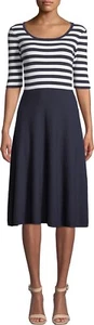 Milly Striped Bodice Fit and Flare Dress Navy Blue White Half-Sleeve Small NEW - Picture 1 of 12