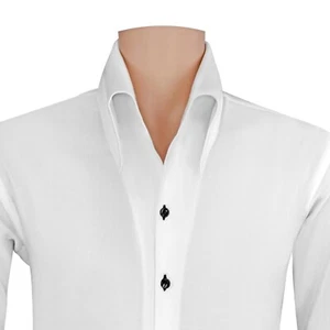 Mens Tuxedo White Cotton Black Buttons High Open Button Down Collar Formal Shirt - Picture 1 of 10