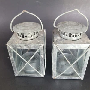 Country Style Tin Tealight Lanterns Set of 2 - Picture 1 of 10