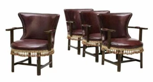 Chairs, Continental, Burgundy Leather-Like, Oak & Tasseled Trim, Vintage, Four!! - Picture 1 of 3