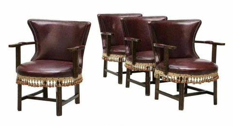 Chairs, Continental, Burgundy Leather-Like, Oak & Tasseled Trim, Vintage, Four!! Cover