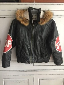 Desert Well Stop Sign Leather Bomber Jacket Zipped Fur Hood Hip Hop Rap 90's Y2K - Picture 1 of 12