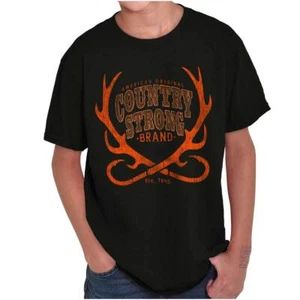 Country Strong Brand USA Deer Antlers Logo Youth Crewneck T Shirts Boy or Girl - Picture 1 of 7