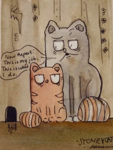 Watercolor Painting Original "Stoney CaT No.1" ACEO 2.5 x 3.5 Ciara G. Cartoon - Picture 1 of 2
