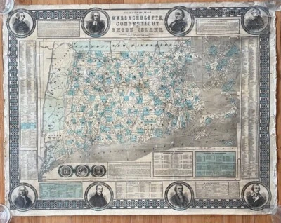 ANTIQUE 1855 Ensign Township MAP of MASSACHUSETTS Connecticut & RHODE ISLAND - Image 1 of 4