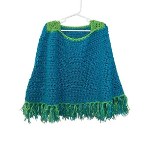 Girls Crochet Poncho Teal Blue Lime Green Pullover Relaxed Fit Fringed Hem Top - Picture 1 of 4