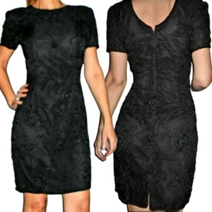 VINTAGE STENAY 80s GLAM SILK BEADED COCKTAIL DRESS BODYCON ELEGANT WOMENS SMALL - Picture 1 of 7