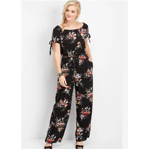 Vibes Floral Black Pink Jumpsuit Romper Womens 2X Off the Shoulder Rayon Stretch - Picture 1 of 12