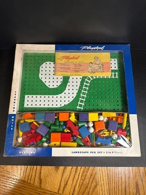 Juego de clavijas de paisaje Playskool vintage bloques de madera tablero de clavijas con caja y catálogo Foto 1 de 4