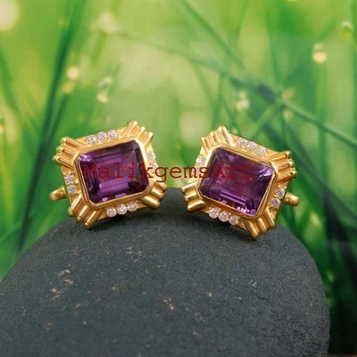 Pedras naturais de ametista e zircônia com abotoaduras folheadas a ouro prata esterlina 925 #212 - Imagem 1 de 4