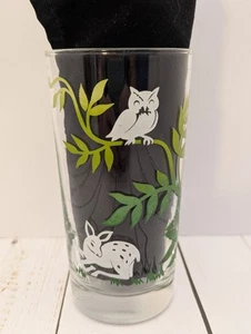 Vintage Libbey 5,25 Zoll Glas grün Wald Baum Tiere Eule Hirsch Vogel Eichhörnchen - Bild 1 von 9