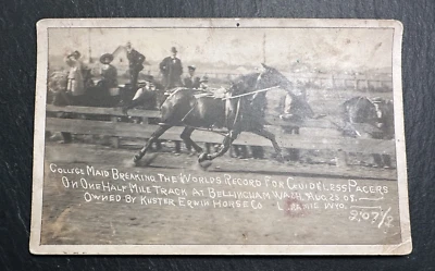 1908 COLLEGE MAID BREAKING WORK RECORD GUIDELESS PACERS HORSES RPPC USP20 - Image 1 of 4