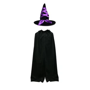 Kids Velour Deluxe Magic Witch Outfit Fancy Dress Cape + Ribbon Hat Combo Set - Picture 1 of 5